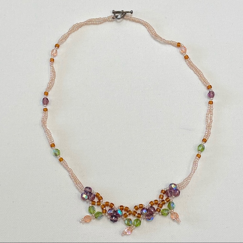 VINTAGE COLORFUL FLOWER GLASS BOHO BEADED NECKLACE